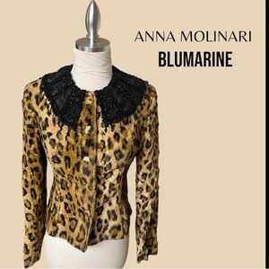 Blumarine Leopard Print Blazer Jacket with Black Beaded Collar